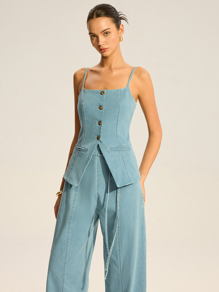 Denim Cami Weste und Hose Set