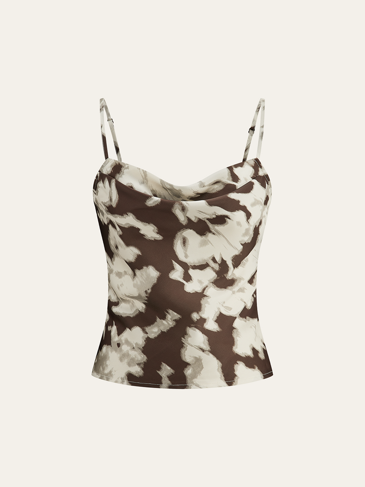 Satin-Abstrakt-Print-Oberteil-mit-Kuhstall-Ausschnitt