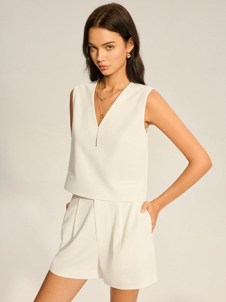 V-Ausschnitt Taschen-Top und Plissee-Shorts Set