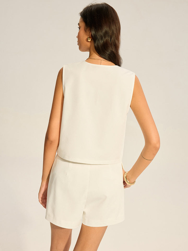 V-Ausschnitt Taschen-Top und Plissee-Shorts Set