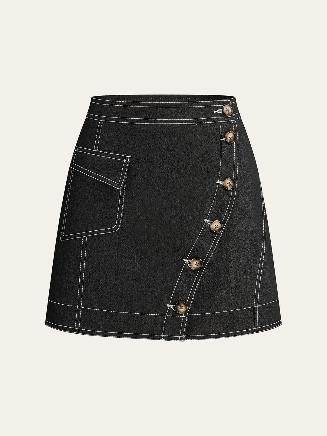 Asymmetrischer Minirock mit Knopfleiste und Taschen