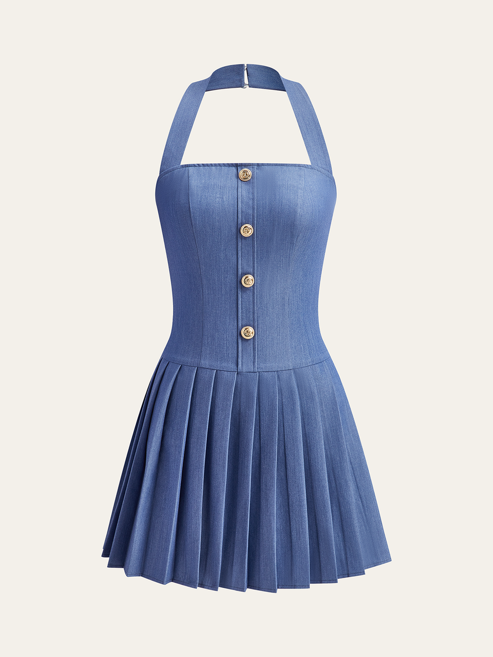 Metall-Knopf-Halfter-Neck-Kleid mit Falten