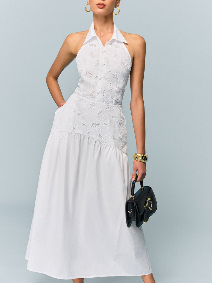 Tasche, Neckholder und besticktes Kleid ohne Gürtel