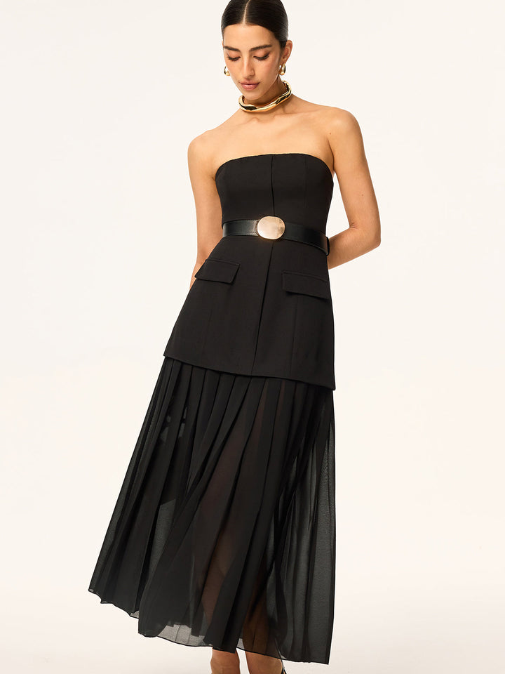 Ärmelloses Gürtel-Midi-Kleid mit gefaltetem Chiffon-Saum