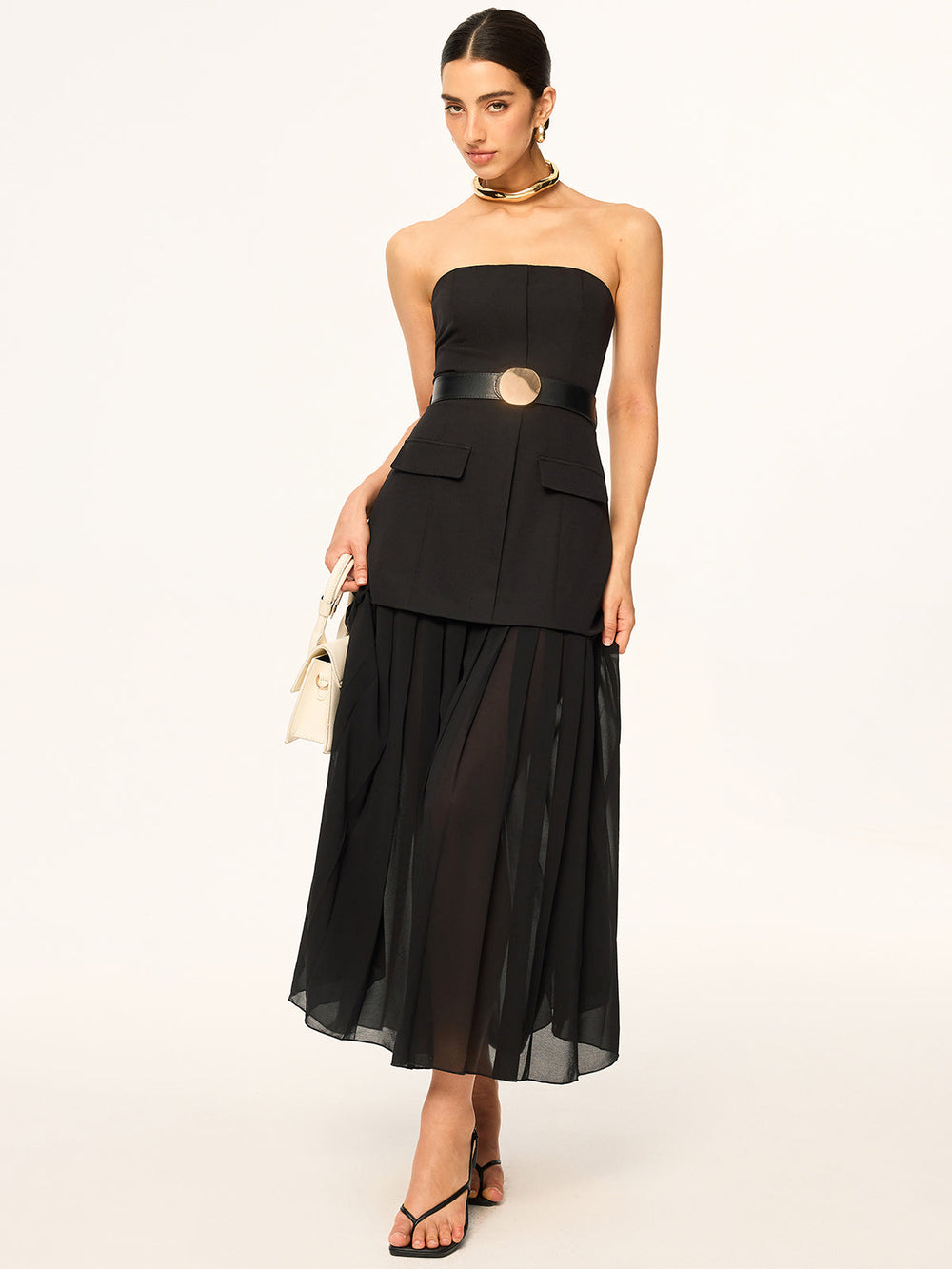 Ärmelloses Gürtel-Midi-Kleid mit gefaltetem Chiffon-Saum