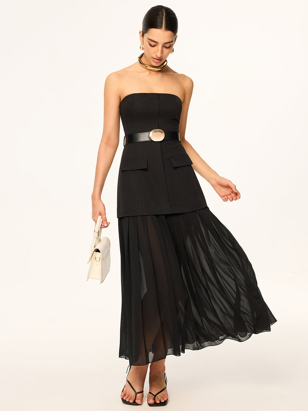 Ärmelloses Gürtel-Midi-Kleid mit gefaltetem Chiffon-Saum