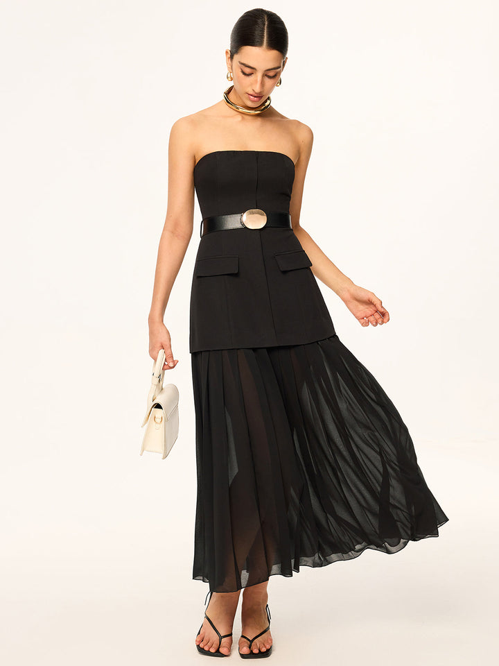 Ärmelloses Gürtel-Midi-Kleid mit gefaltetem Chiffon-Saum