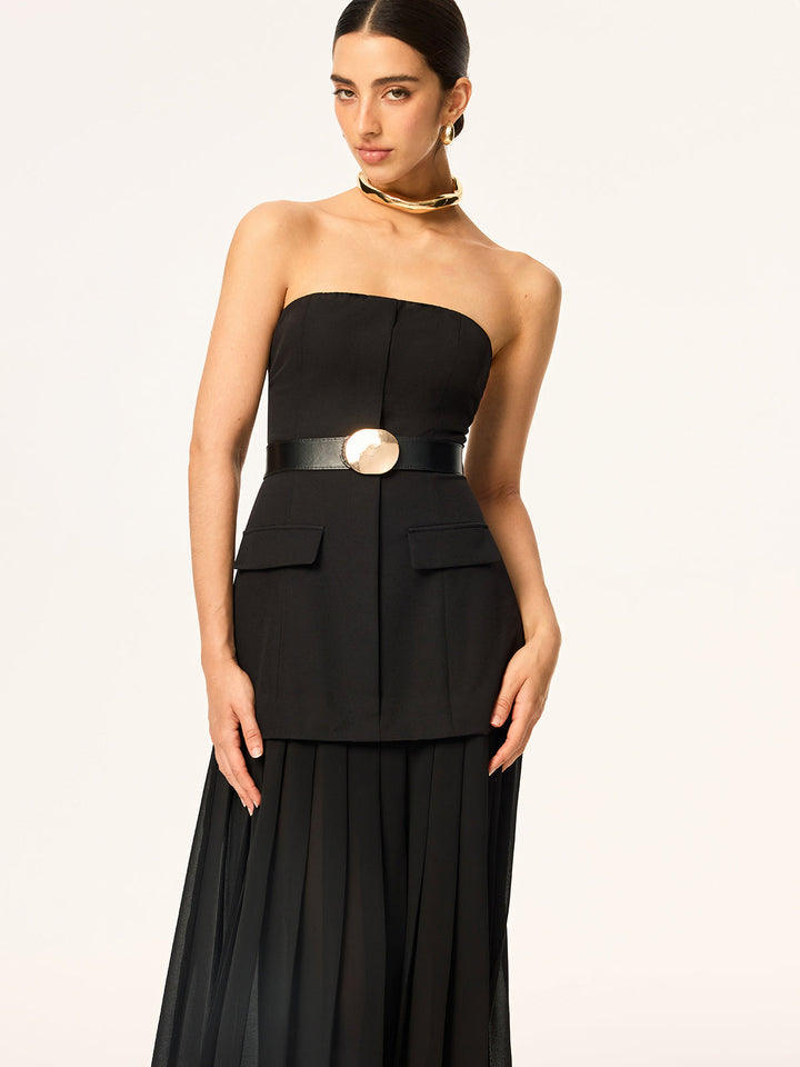 Ärmelloses Gürtel-Midi-Kleid mit gefaltetem Chiffon-Saum