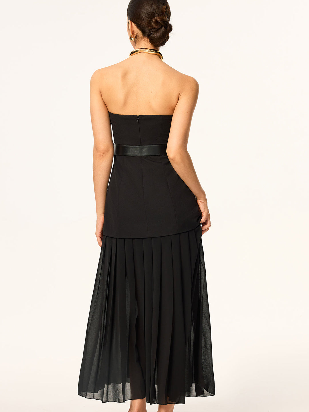 Ärmelloses Gürtel-Midi-Kleid mit gefaltetem Chiffon-Saum