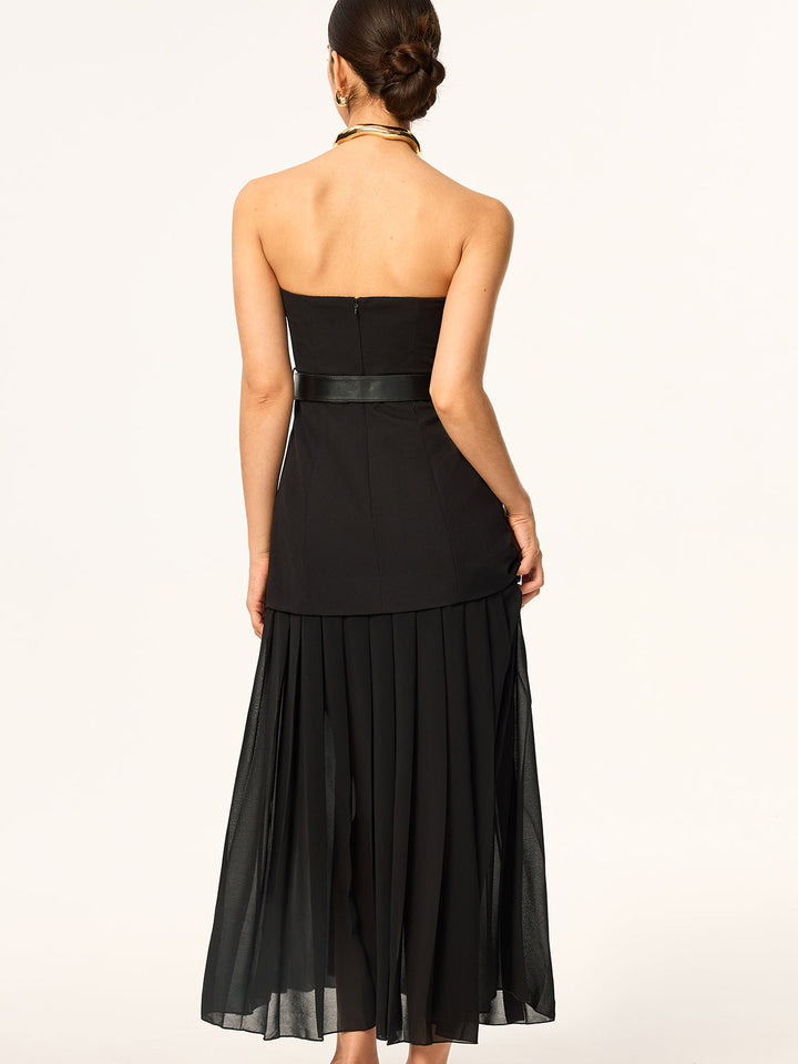 Ärmelloses Gürtel-Midi-Kleid mit gefaltetem Chiffon-Saum