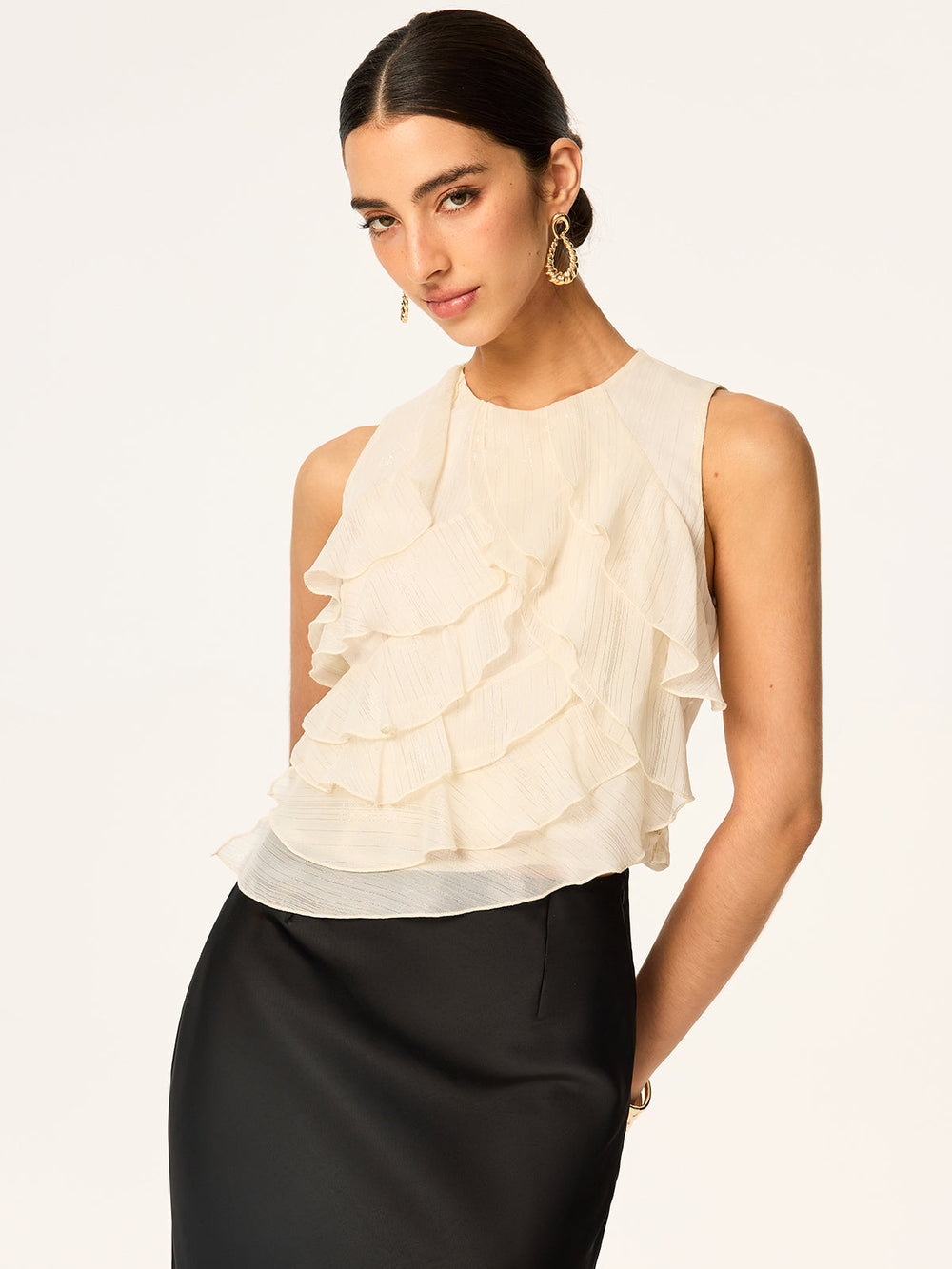 Gerüschtes ärmelloses Chiffon-Oberteil