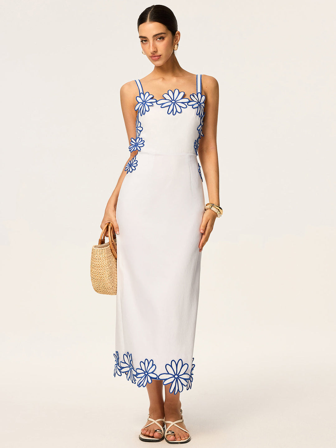 Blumenstickerei Rüschen-Maxikleid mit Schleife hinten