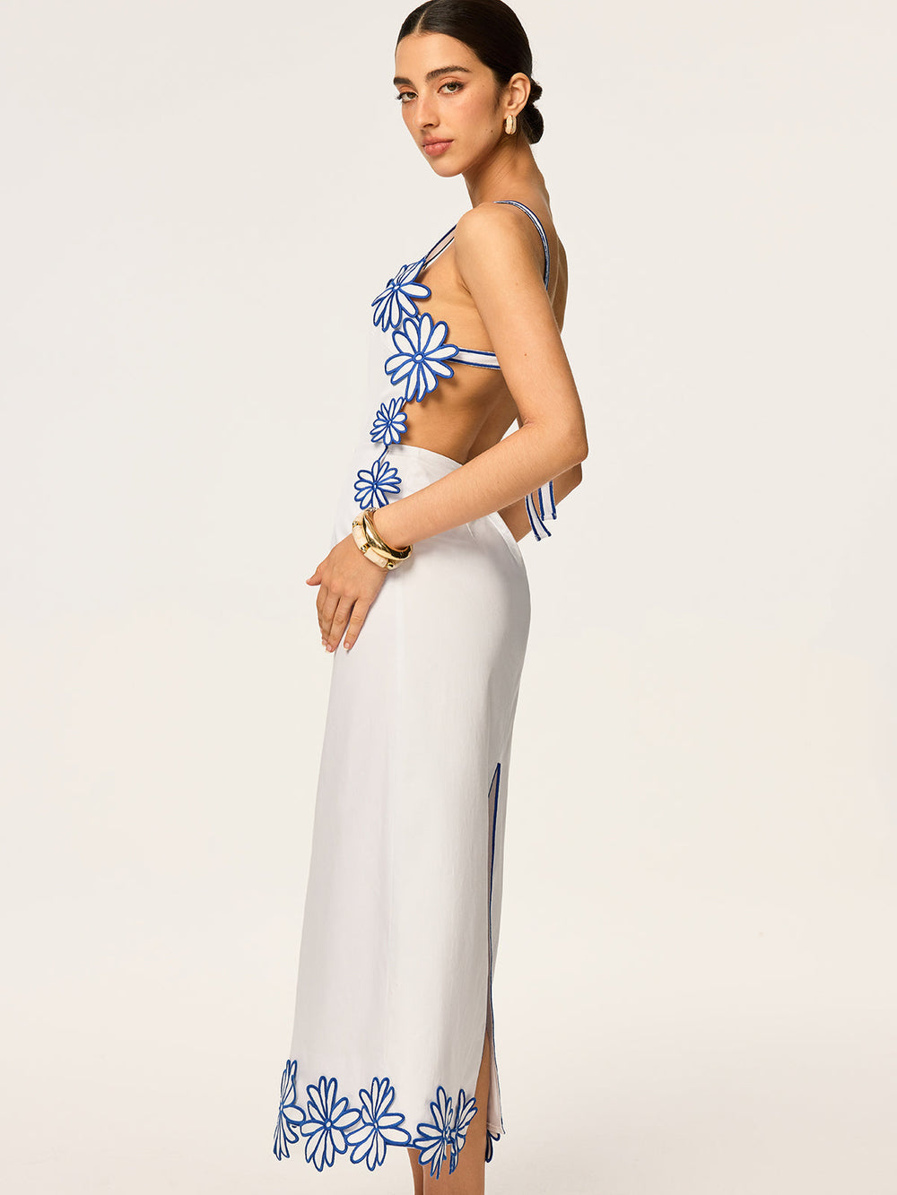 Blumenstickerei Rüschen-Maxikleid mit Schleife hinten