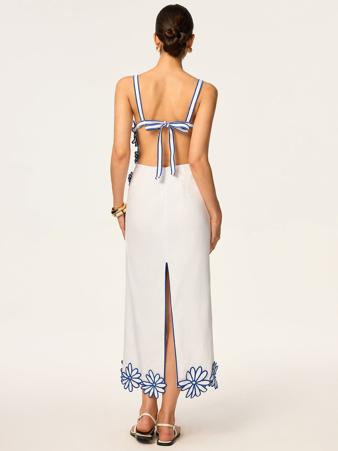 Blumenstickerei Rüschen-Maxikleid mit Schleife hinten