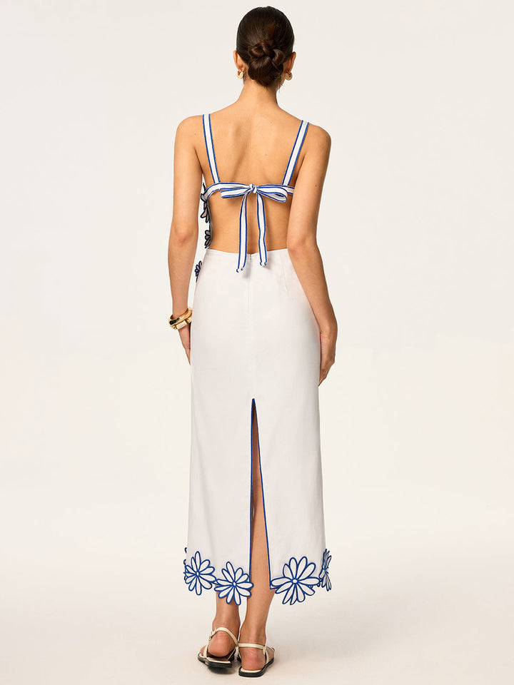 Blumenstickerei Rüschen-Maxikleid mit Schleife hinten
