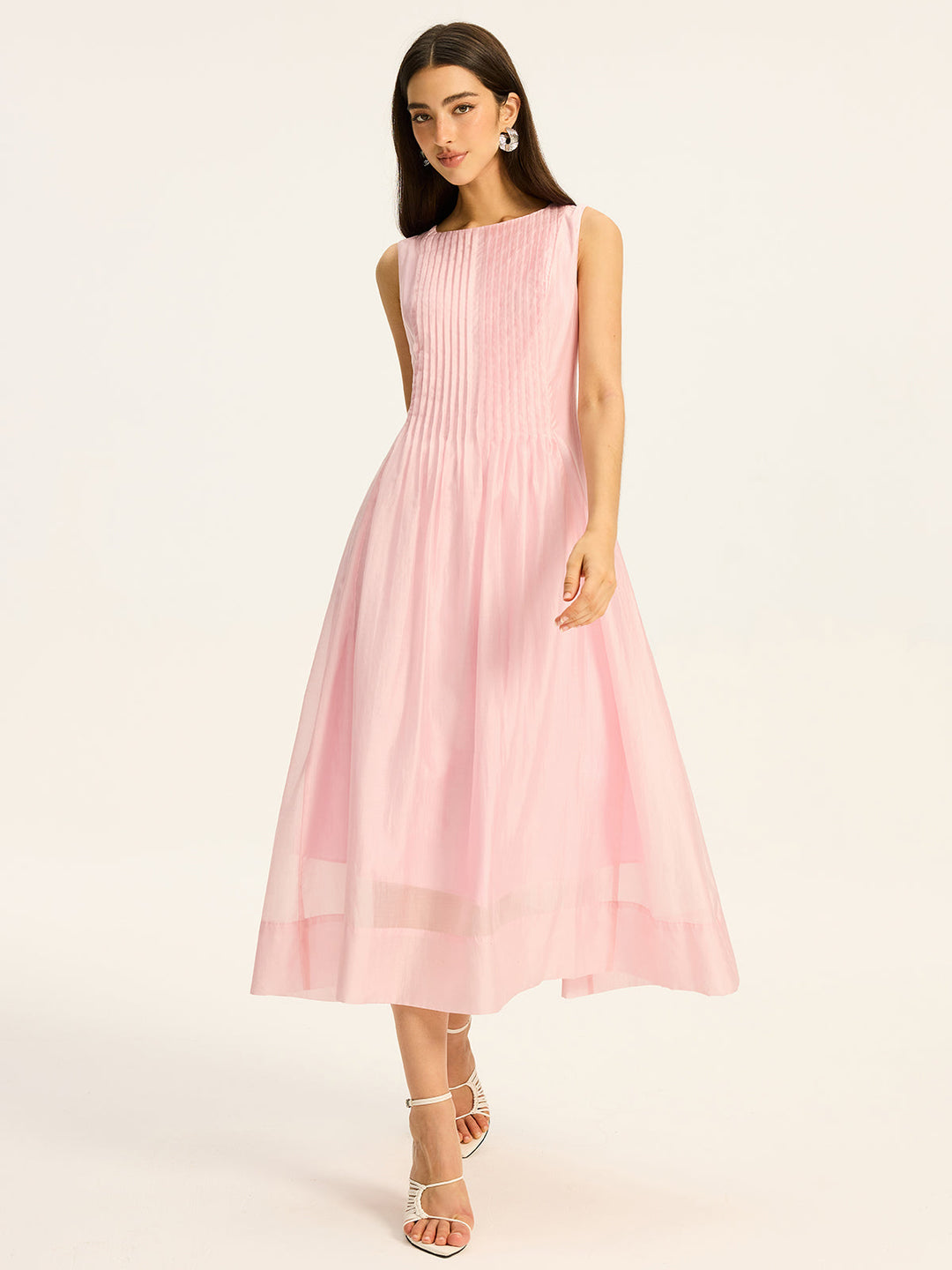 Ärmelloses Midikleid aus halbtransparentem Tencel mit Falten