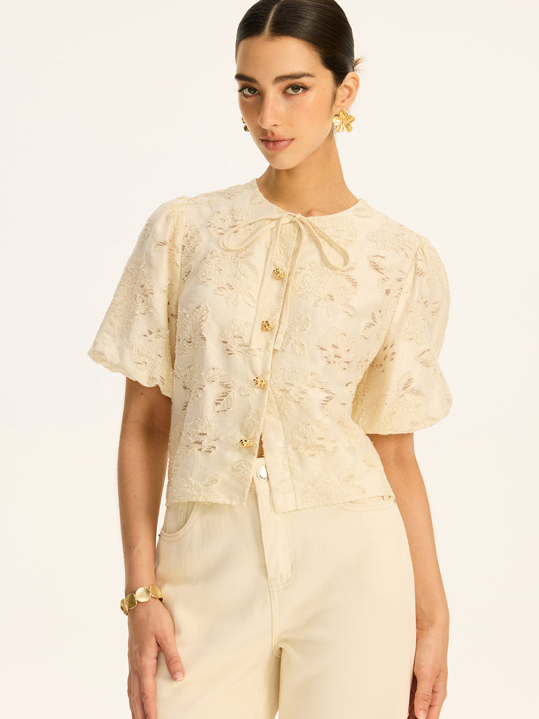 Jacquard-Strick-Button-Baumwollmischung-Oberteil