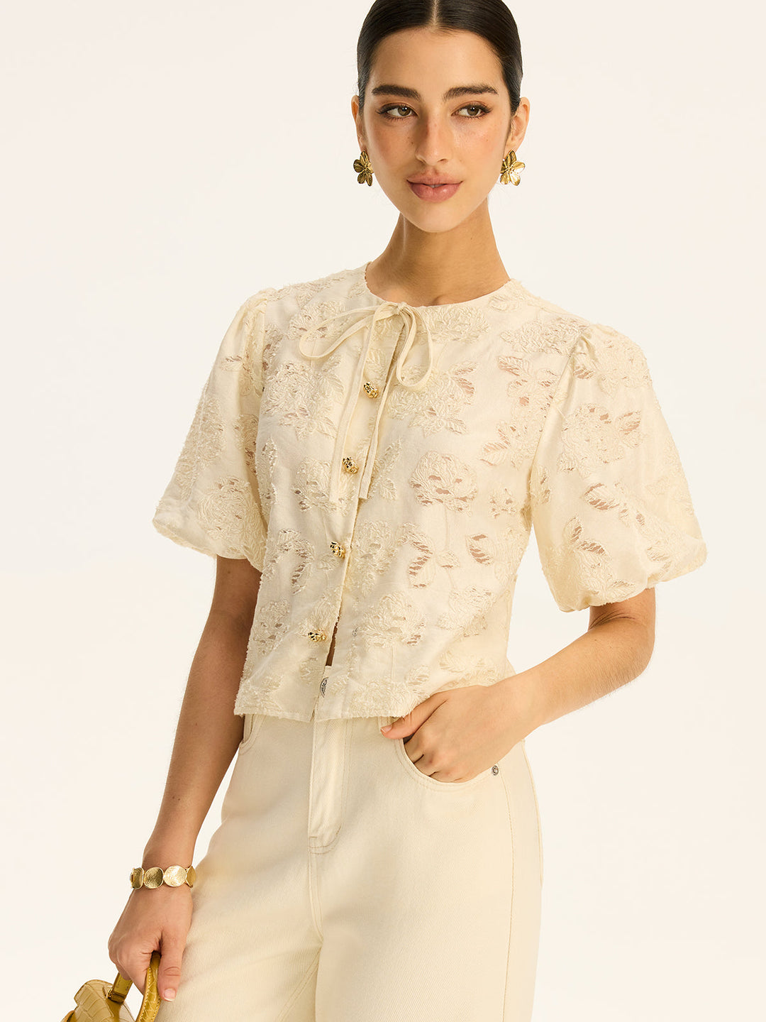 Jacquard-Strick-Button-Baumwollmischung-Oberteil