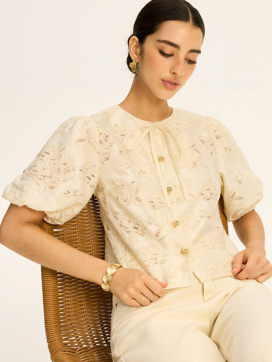 Jacquard-Strick-Button-Baumwollmischung-Oberteil