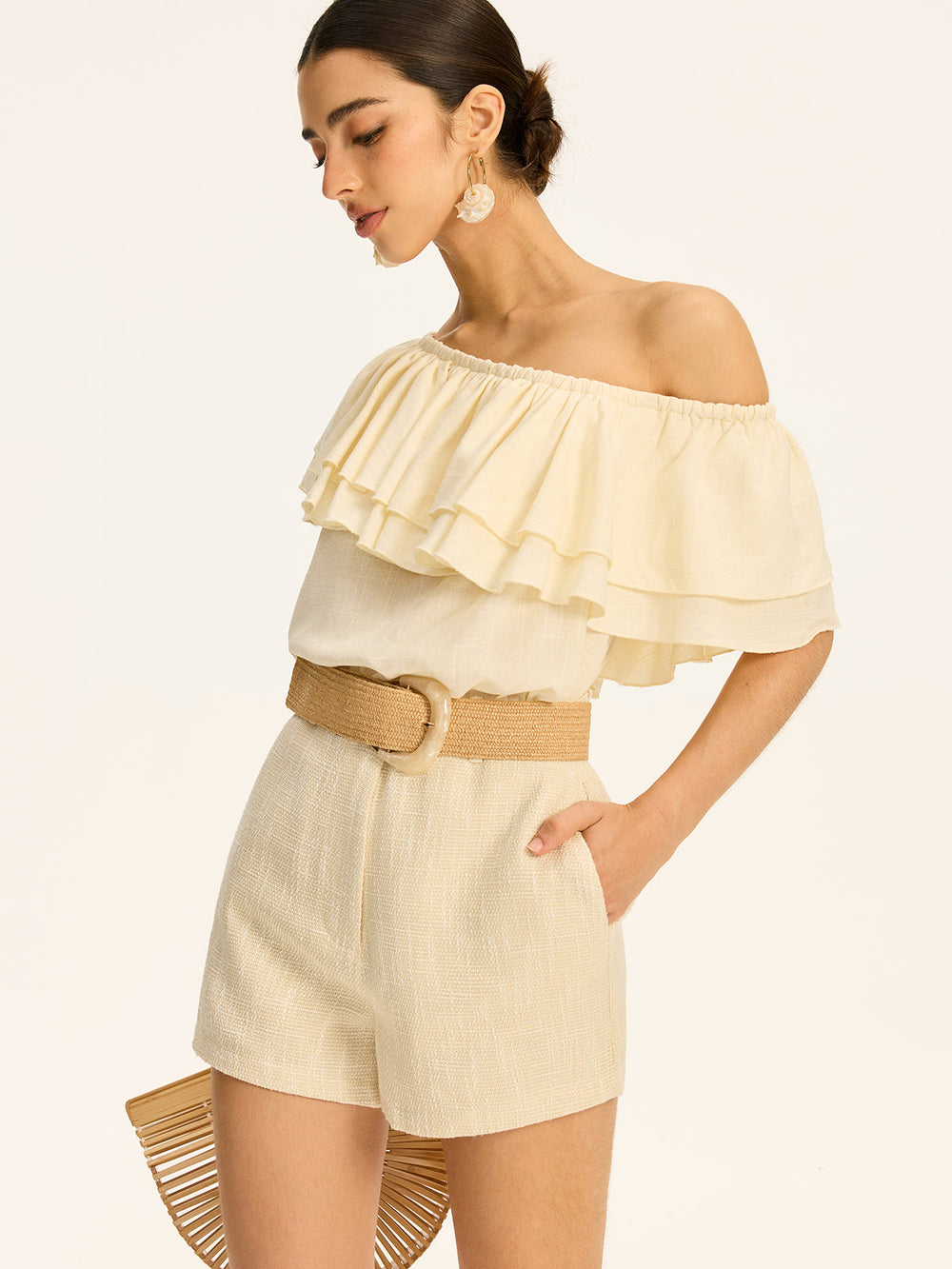 Cotton & Linen One-Shoulder Ruffled Top