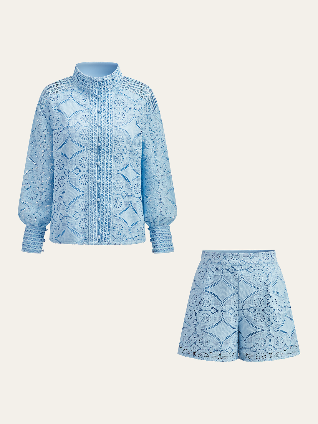 Spitzen-Puffärmel-Shorts-Set Ohne Gürtel
