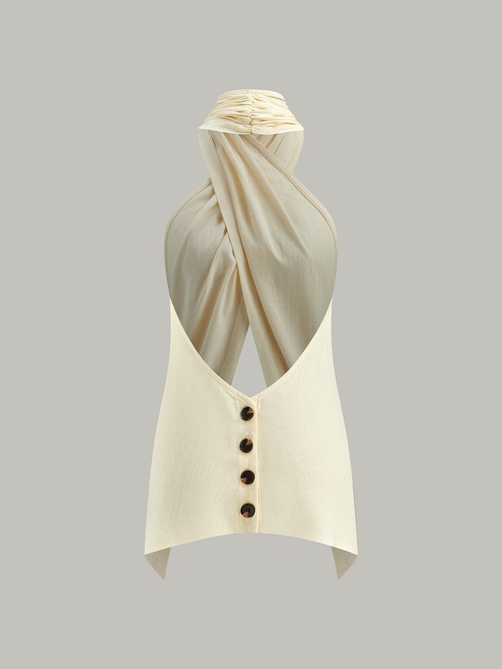 Cross-Halter Neck Wrap Top mit Knopfdetails