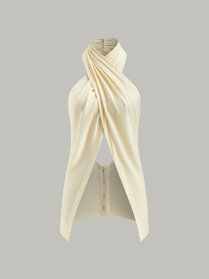 Cross-Halter Neck Wrap Top mit Knopfdetails