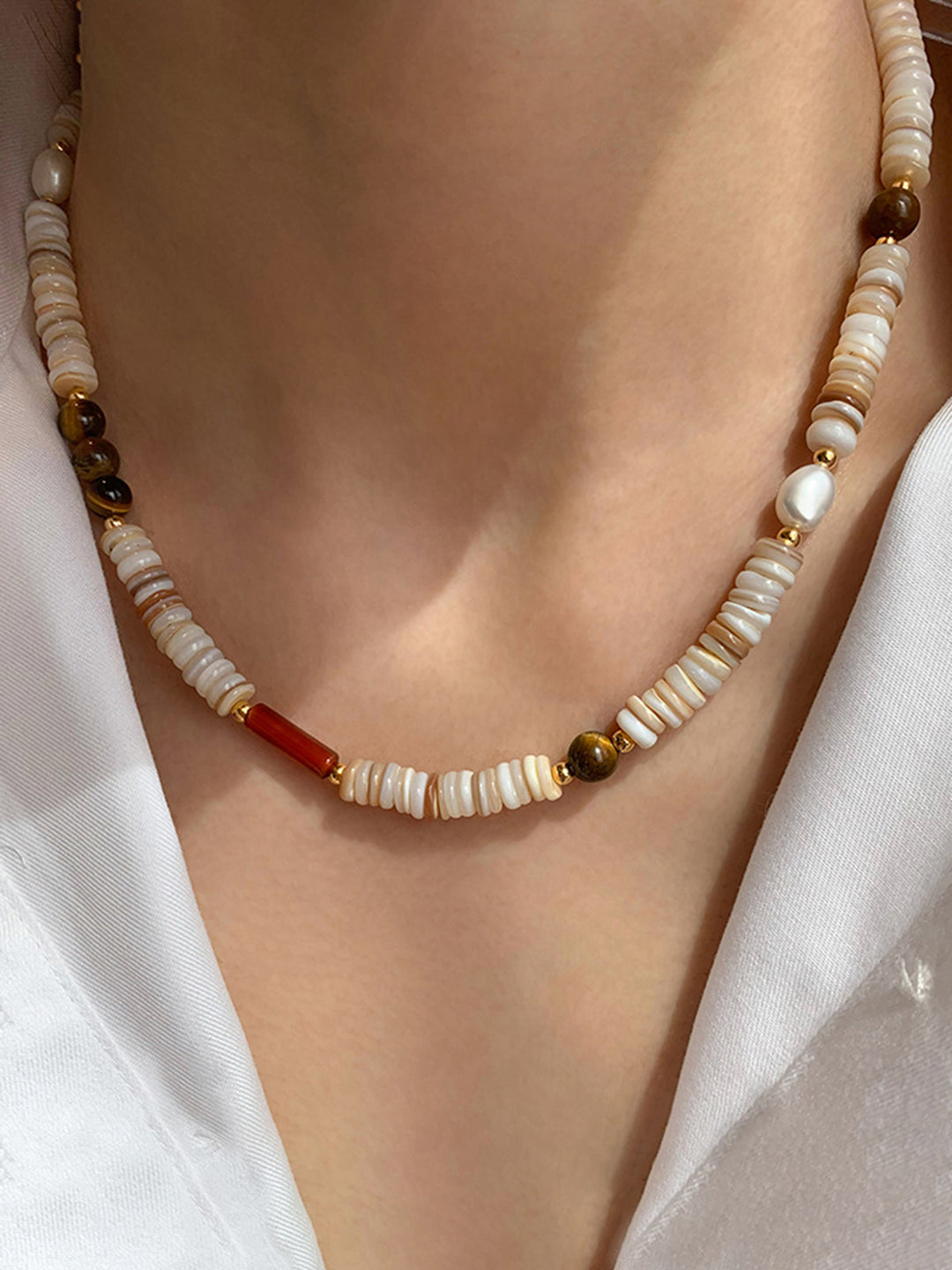 Tigerauge und Muschel Perlenkette
