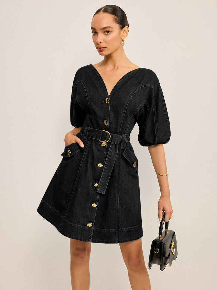 Taschenkleid aus Denim mit Gürtel