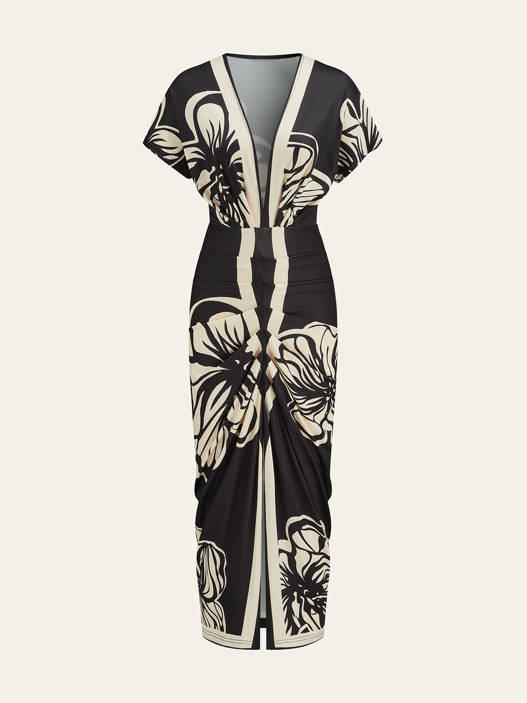 Floral Printed Ruched Deep V-Neck Midi Dress