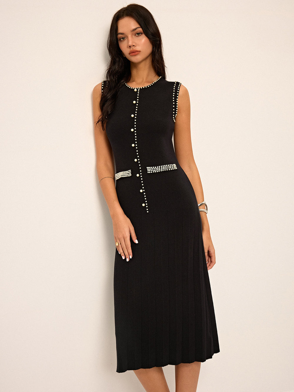 Pearl Detail Ärmelloses Strickkleid Midi