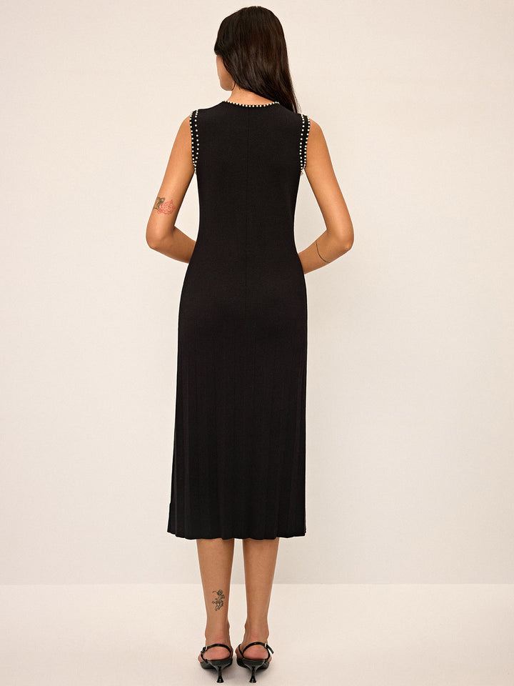 Pearl Detail Ärmelloses Strickkleid Midi