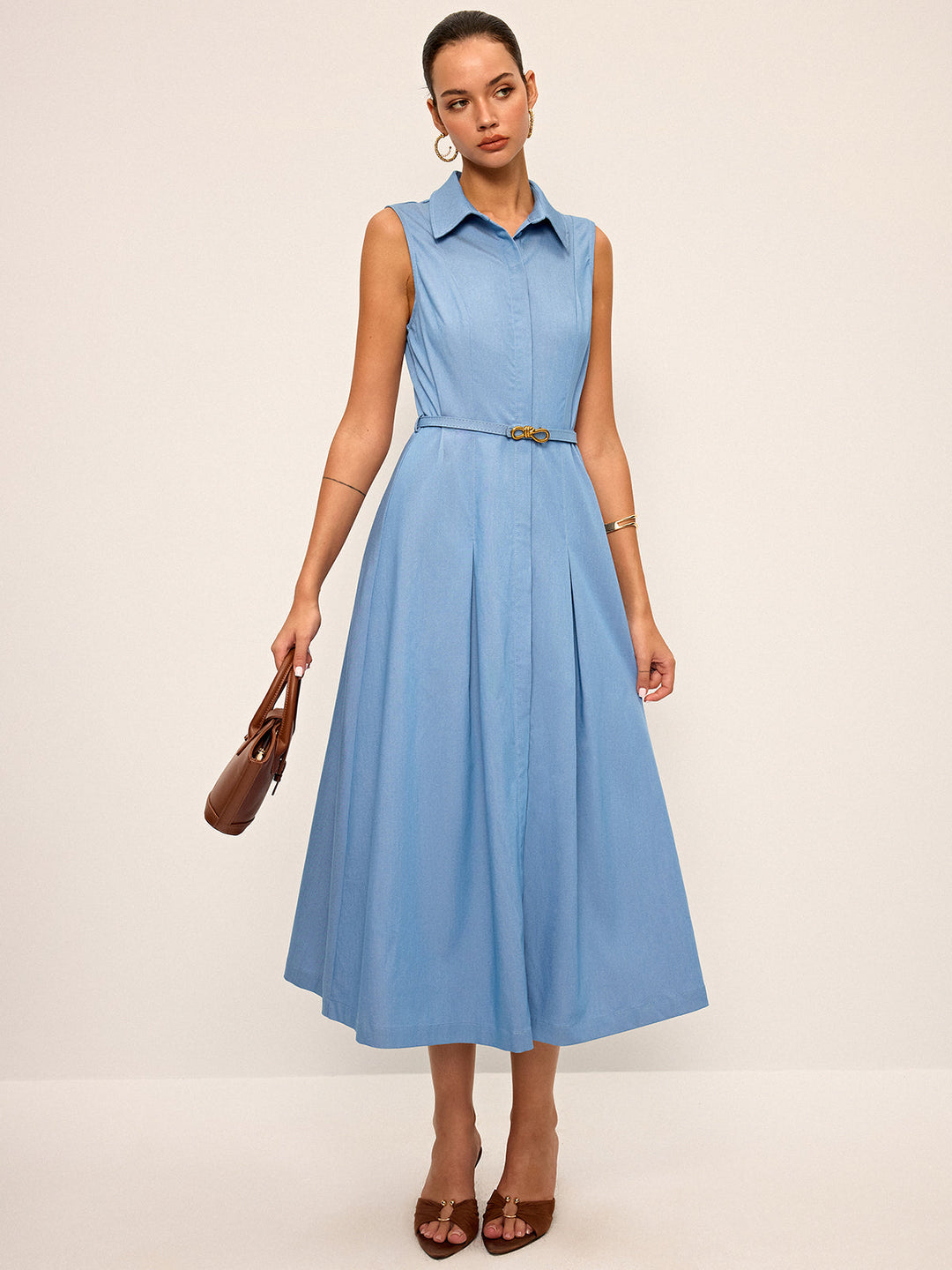 Gürtel-Hemdblusenkleid ärmellos Midi