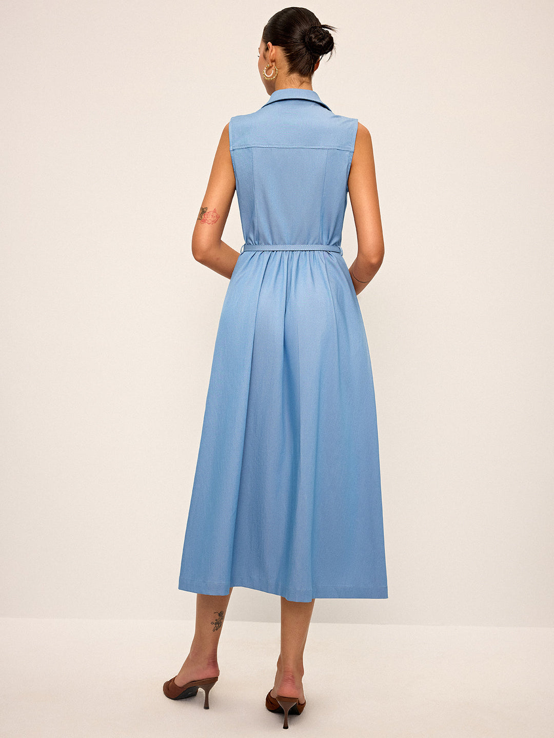 Gürtel-Hemdblusenkleid ärmellos Midi