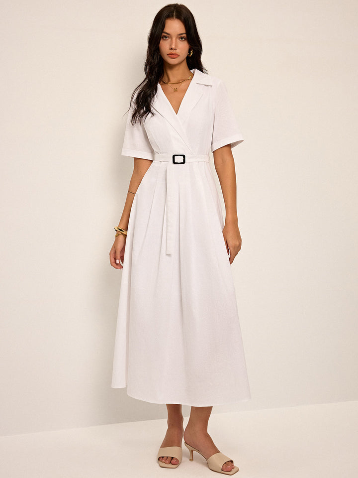 Leinen-Mischung Hemdblusenkleid mit Gürtel und Falten
