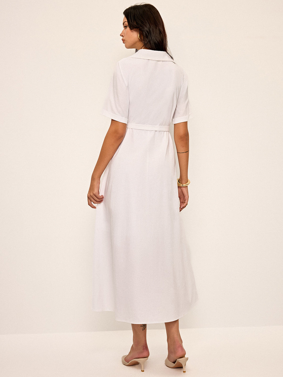 Leinen-Mischung Hemdblusenkleid mit Gürtel und Falten