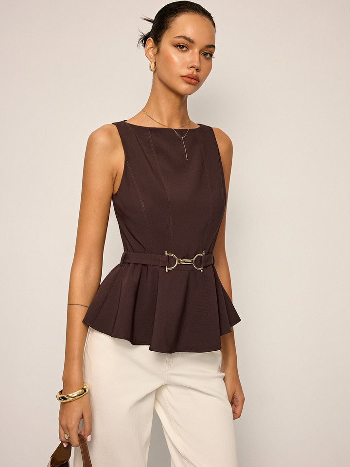 Ärmelloses Peplum-Oberteil mit Gürtel mit Metallschnalle