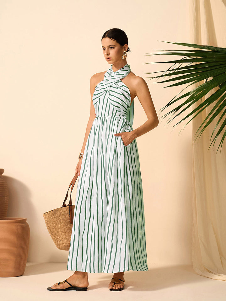 Gestreiftes Wickel-Neckholder-Kleid