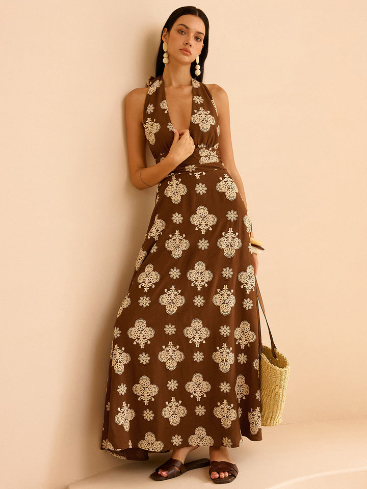 Maxikleid mit Blumendruck und Neckholder, Taille mit Taschen