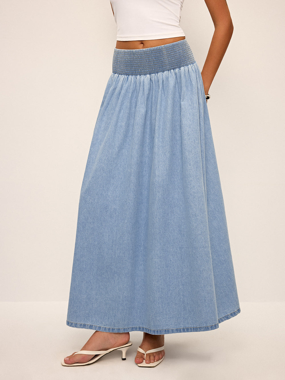 Smocked Waist Denim Maxirock