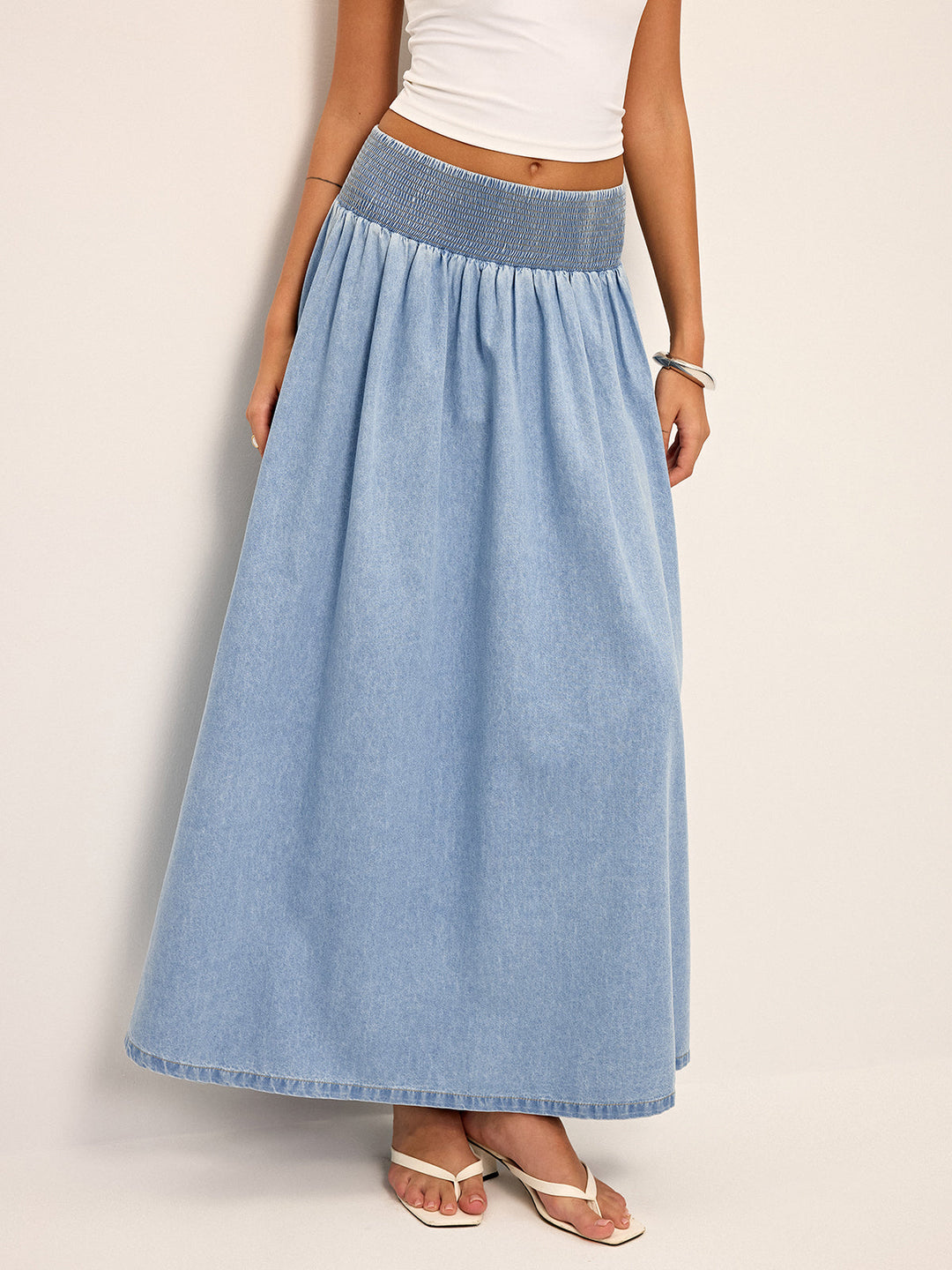 Smocked Waist Denim Maxirock