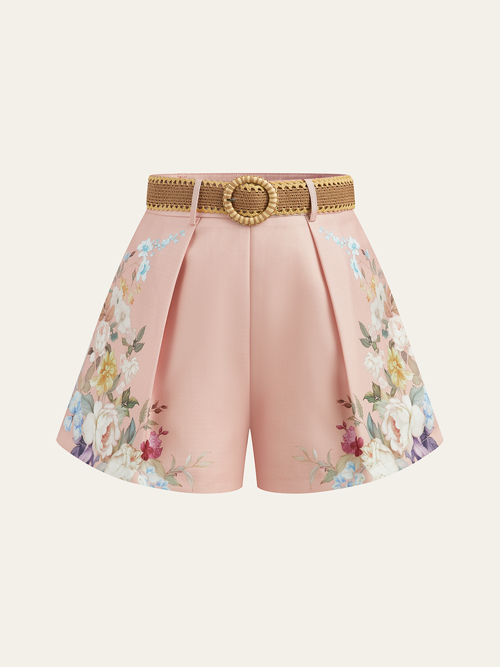 Florale Shorts mit Gürtel und hoher Taille