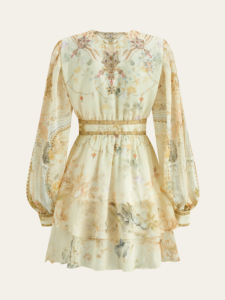 Halbtransparente Chiffon-Blumen-Mini-Kleid mit Rüschen