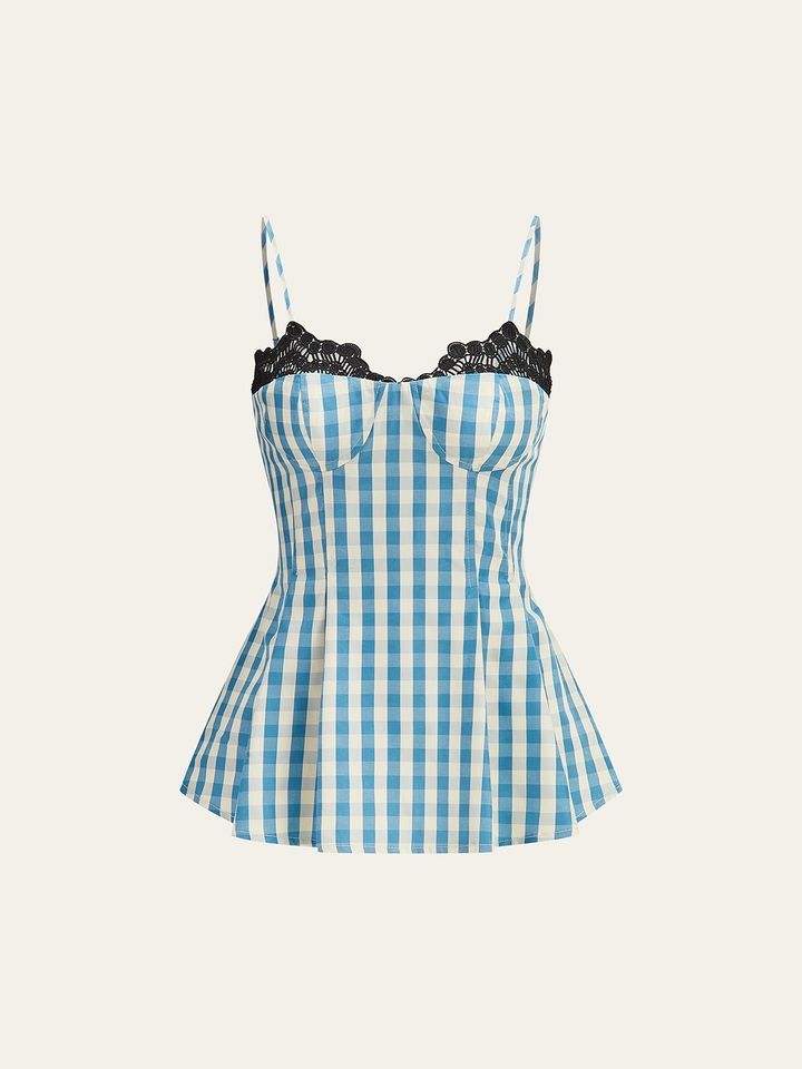 Gingham-Spaghettiträger-Oberteil mit Spitzenbesatz