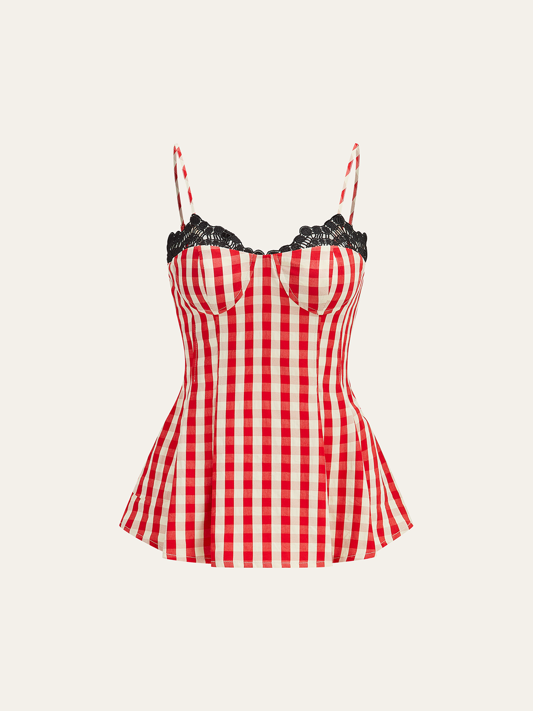 Gingham-Spaghettiträger-Oberteil mit Spitzenbesatz