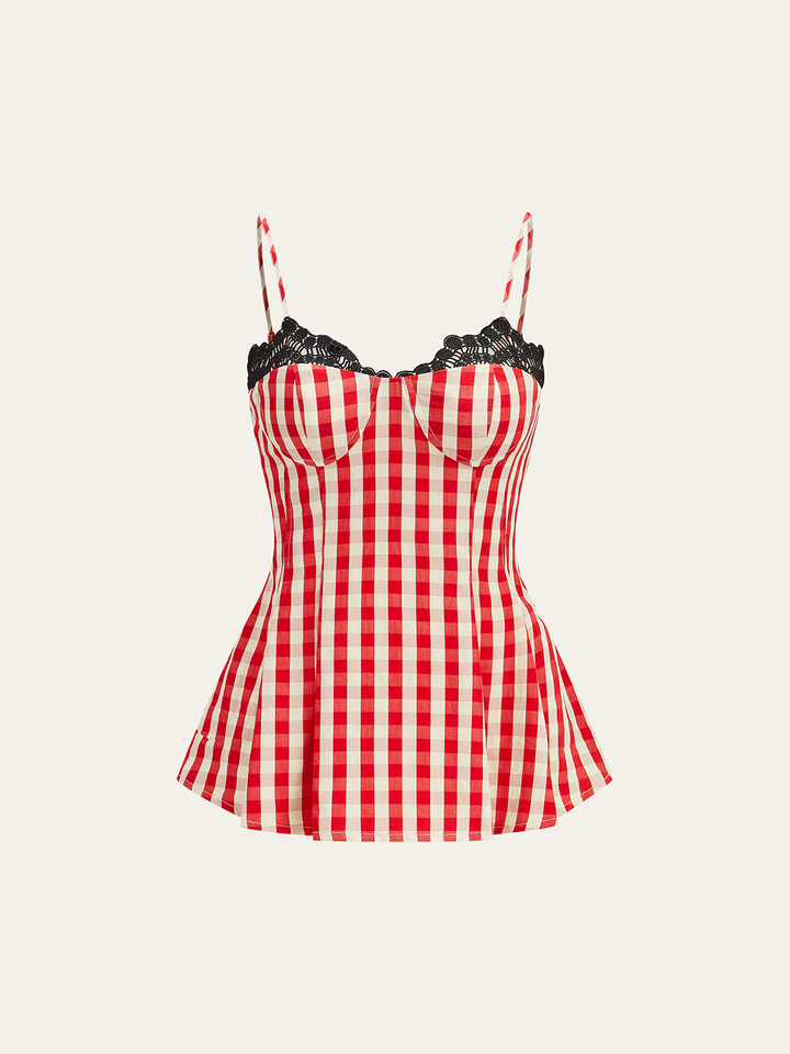 Gingham-Spaghettiträger-Oberteil mit Spitzenbesatz
