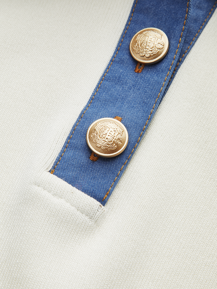 Denim-Kragen Geknöpfte Polo-Strick-Midikleid