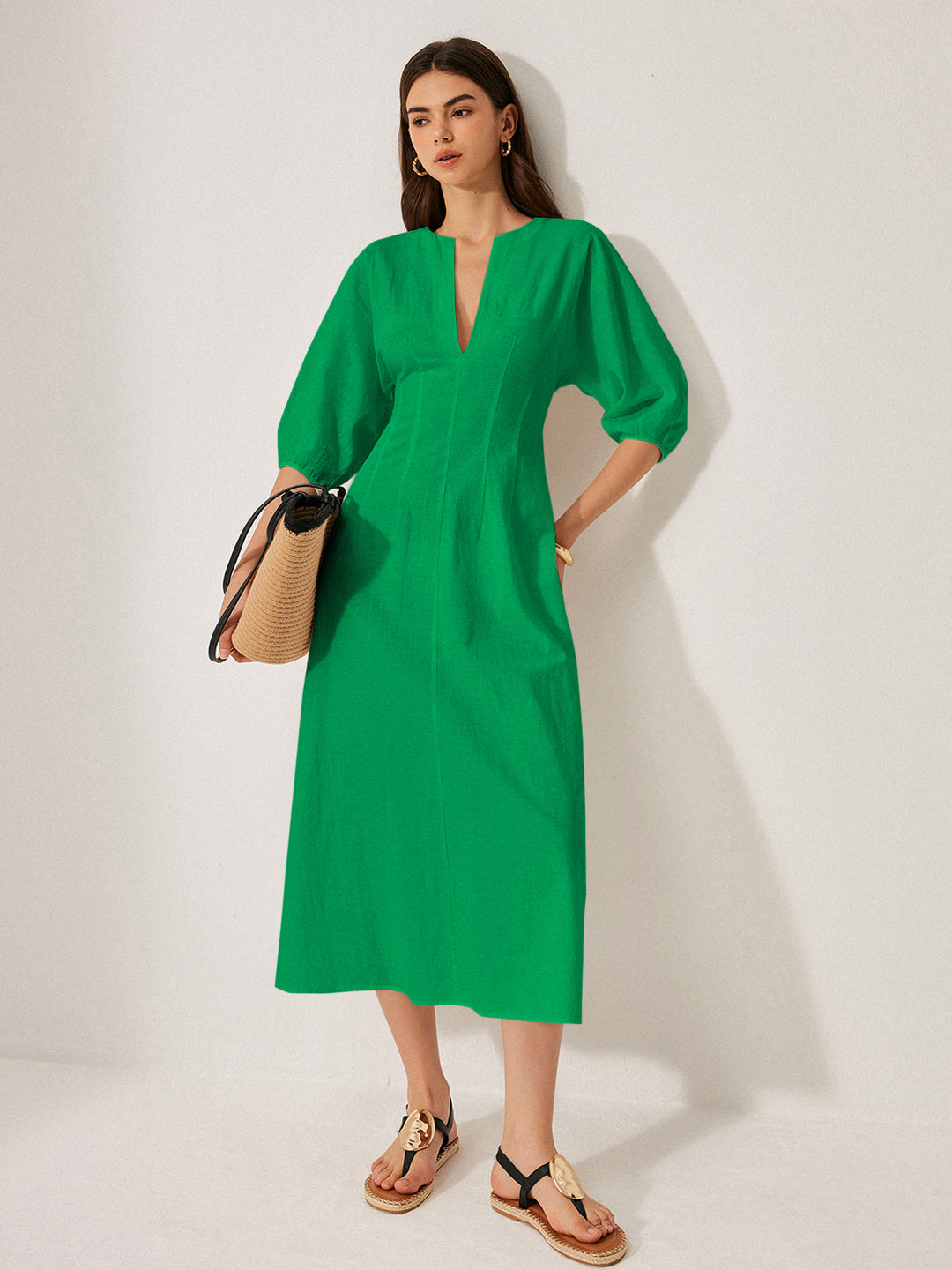Kleid mit Puffärmeln aus Baumwolle und Leinen ohne Gürtel