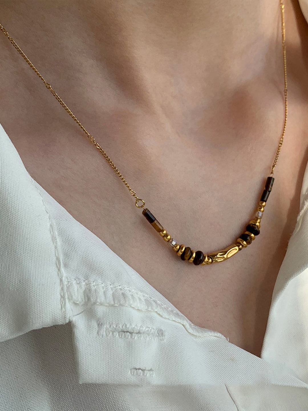 Tigerauge Steinperlenkette mit Goldkette