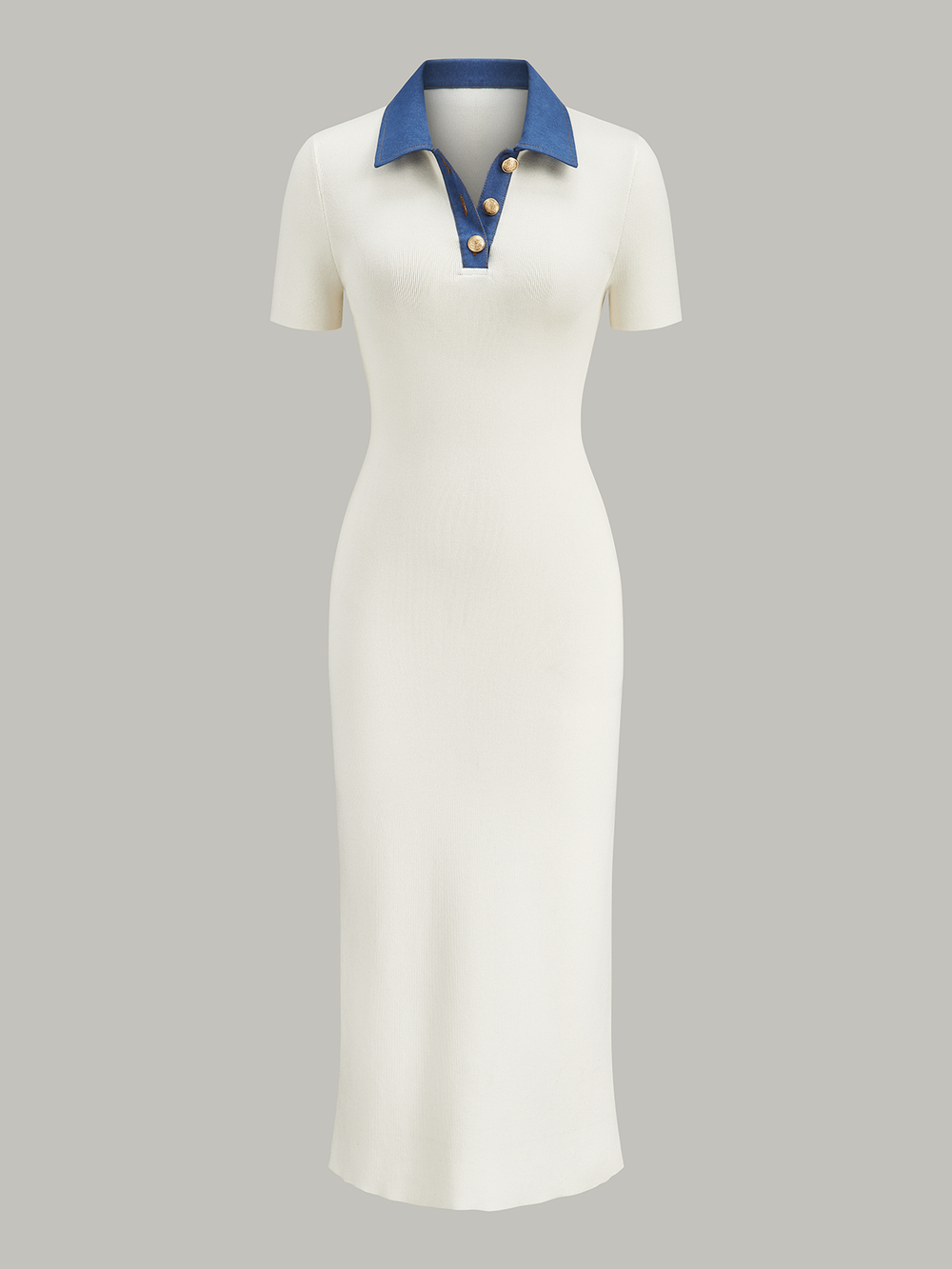 Denim-Kragen Geknöpfte Polo-Strick-Midikleid